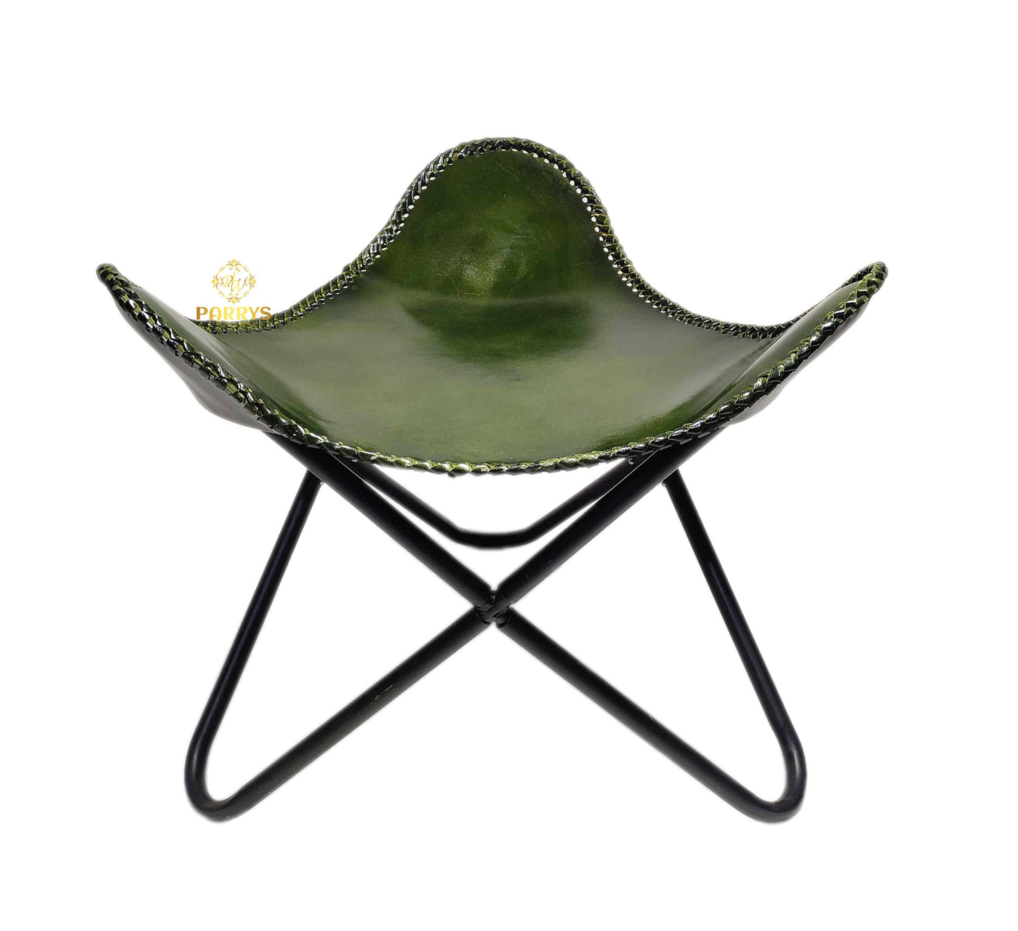 Vintage Olive Green Leather Butterfly Chair with Ottoman