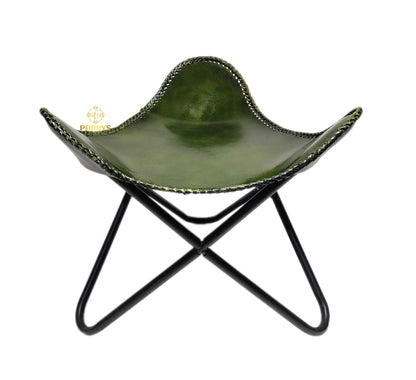 Vintage Olive Green Leather Butterfly Chair with Ottoman