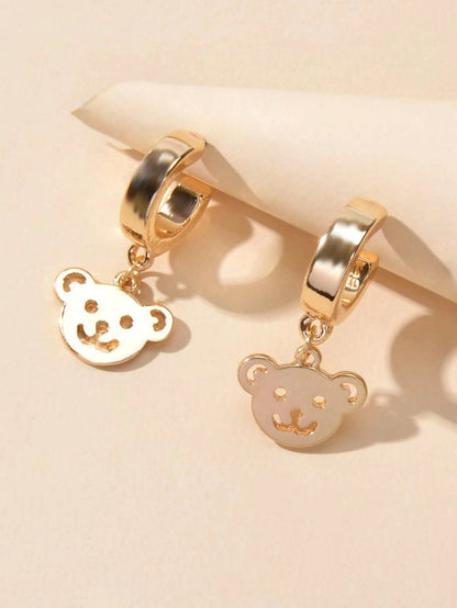 Gold Bear Hoop Drop Earrings Women Cartoon Stud Cute Gift Teens Textured Jewelry