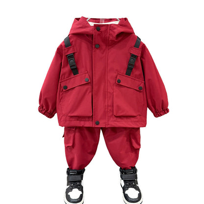 Boys' Cargo Hooded Jacket Pants Set Spring Autumn Outdoor Casual