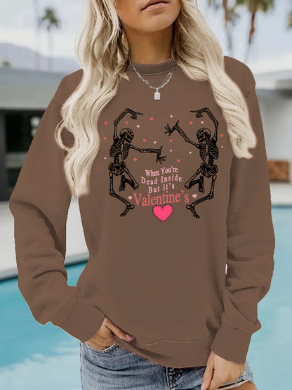 Skeleton print round neck fleece hoodie for women