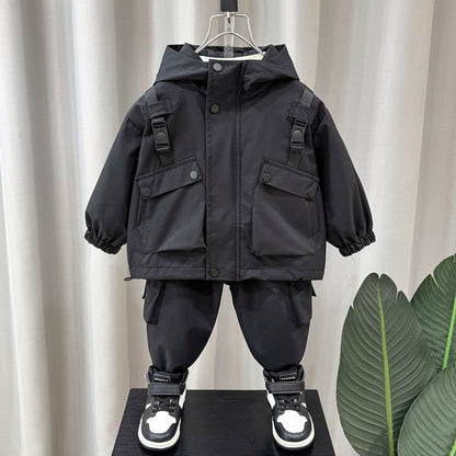 Boys' Cargo Hooded Jacket Pants Set Spring Autumn Outdoor Casual