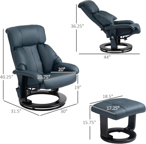 Blue Massage Recliner Chair With 360 Swivel Ottoman