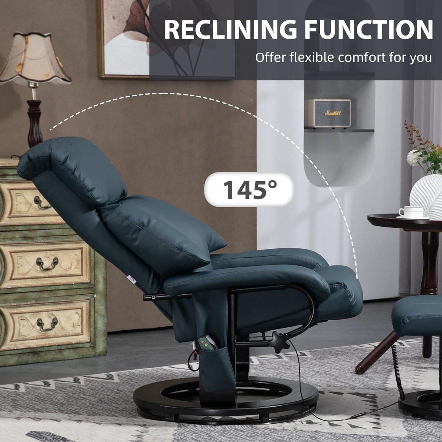 Blue Massage Recliner Chair With 360 Swivel Ottoman