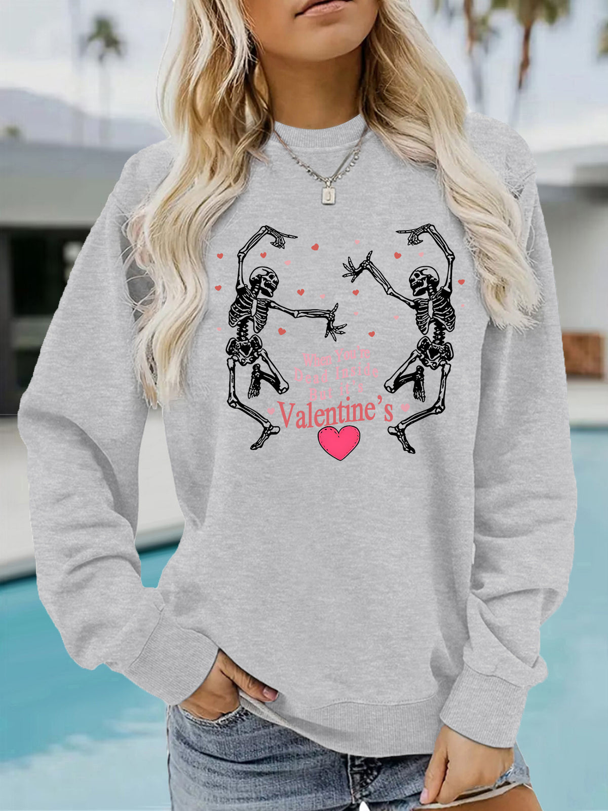 Skeleton print round neck fleece hoodie for women