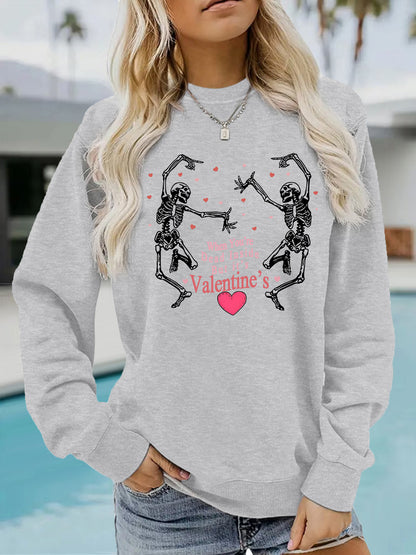 Skeleton print round neck fleece hoodie for women