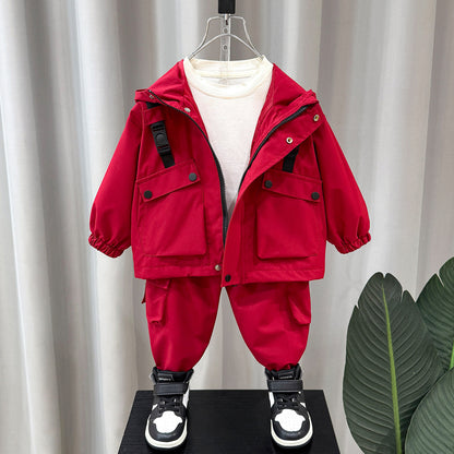 Boys' Cargo Hooded Jacket Pants Set Spring Autumn Outdoor Casual