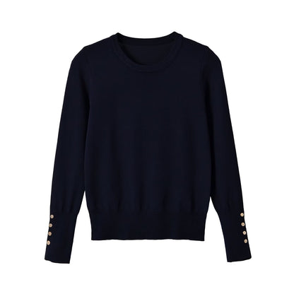 Round neck button decoration long sleeved knitted sweater for women