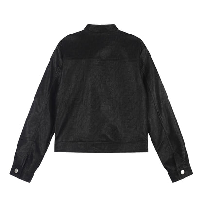 Faux Leather Asymmetric Zipper Stand Collar Cropped Loose Motorcycle Jacket