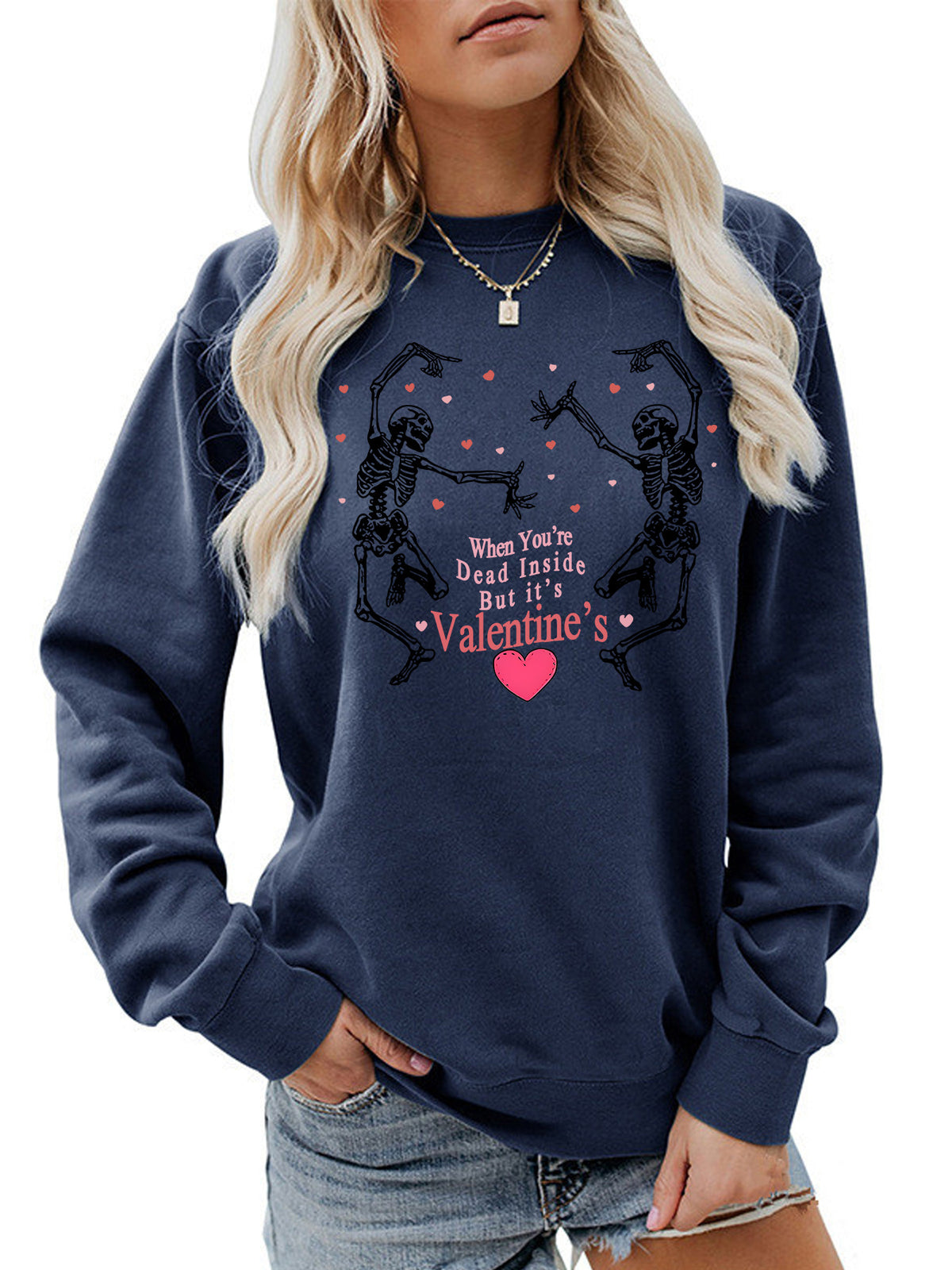 Skeleton print round neck fleece hoodie for women