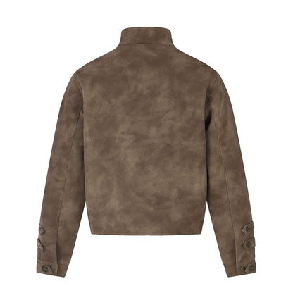 Faux Suede Metal Button Stand Collar Cropped Motorcycle Jacket for Unisex