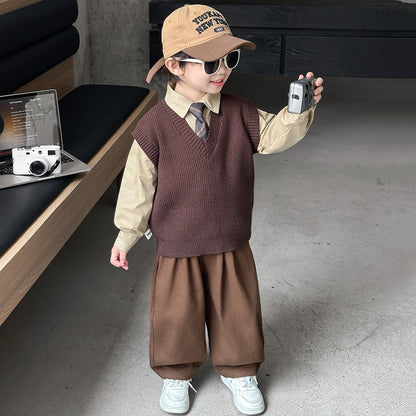 Boys Spring Autumn Fashion Three-Piece Suit Set with Vest, Tie and Shirt