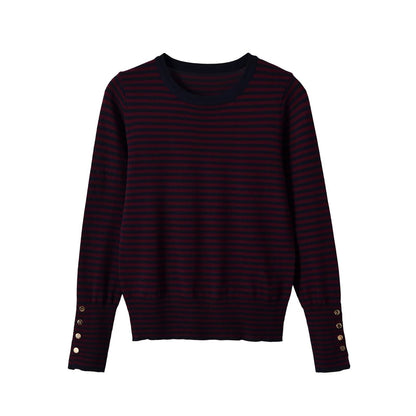 Round neck button decoration long sleeved knitted sweater for women