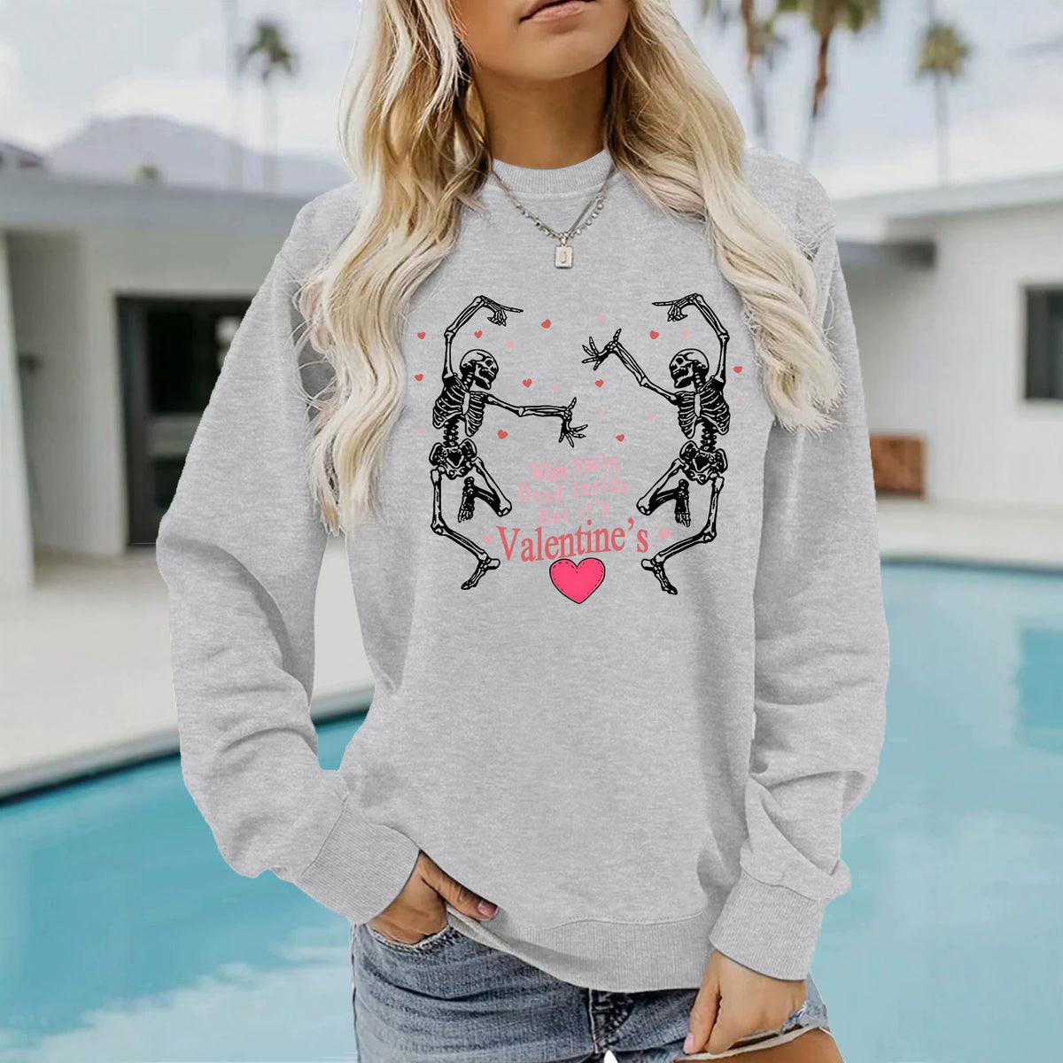 Skeleton print round neck fleece hoodie for women