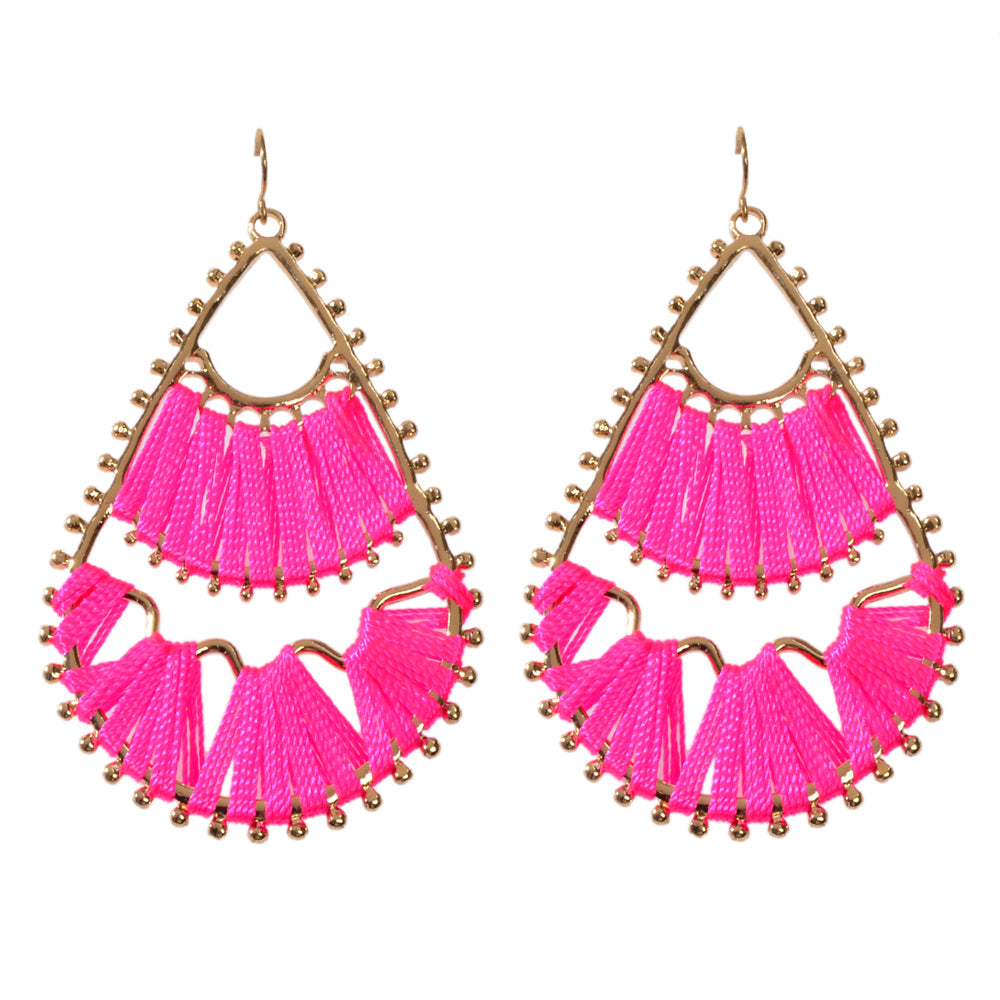 Indian Traditional Handmade Braided Beige Hotpink Ethnic Water Drop Earrings