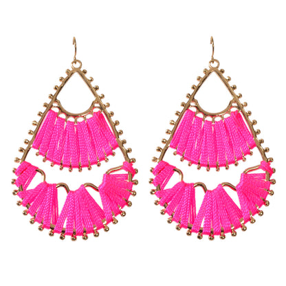 Indian Traditional Handmade Braided Beige Hotpink Ethnic Water Drop Earrings