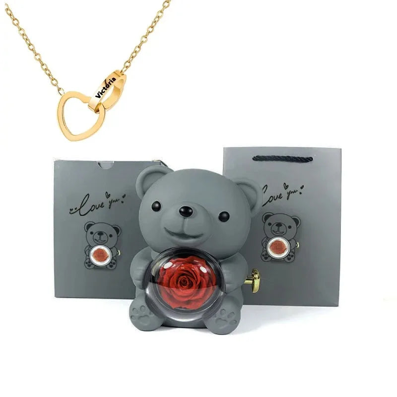 Eternal Rose Teddy Bear Gift Box With Necklace (Gray Gold)