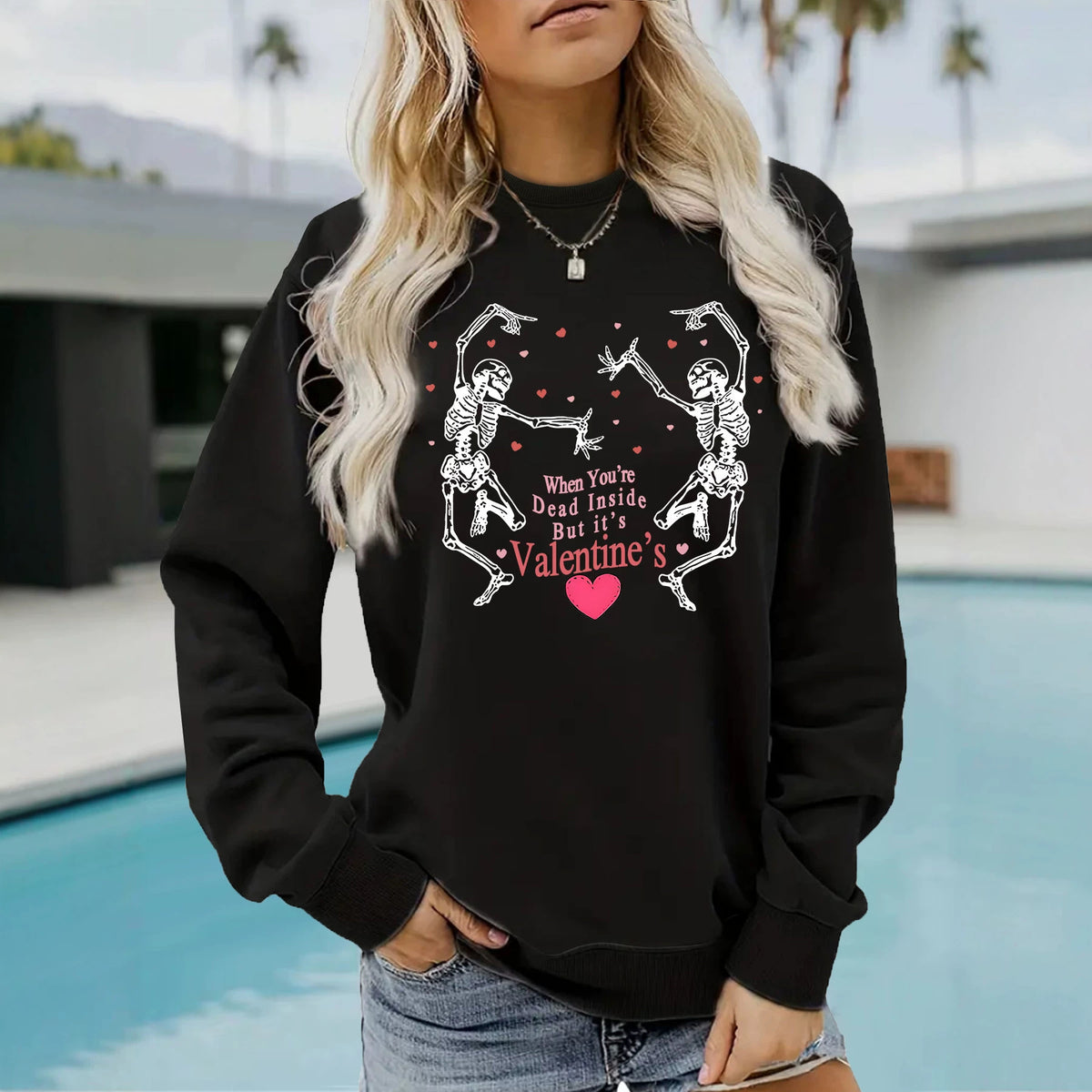 Skeleton print round neck fleece hoodie for women