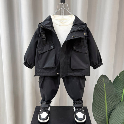 Boys' Cargo Hooded Jacket Pants Set Spring Autumn Outdoor Casual