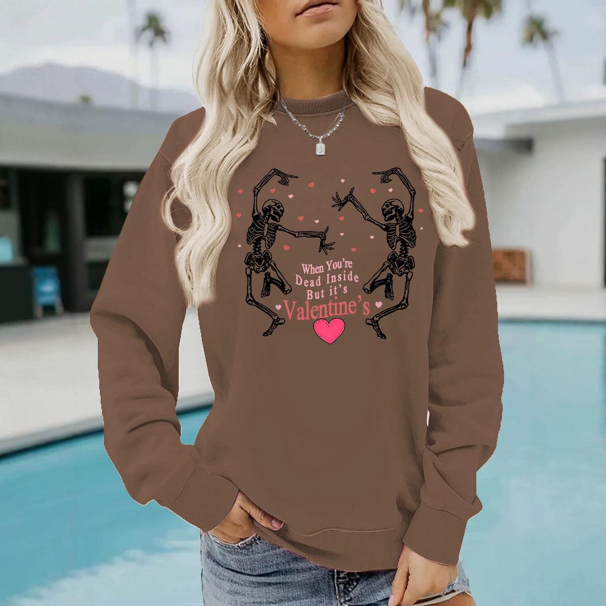 Skeleton print round neck fleece hoodie for women
