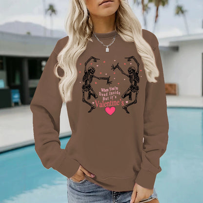 Skeleton print round neck fleece hoodie for women