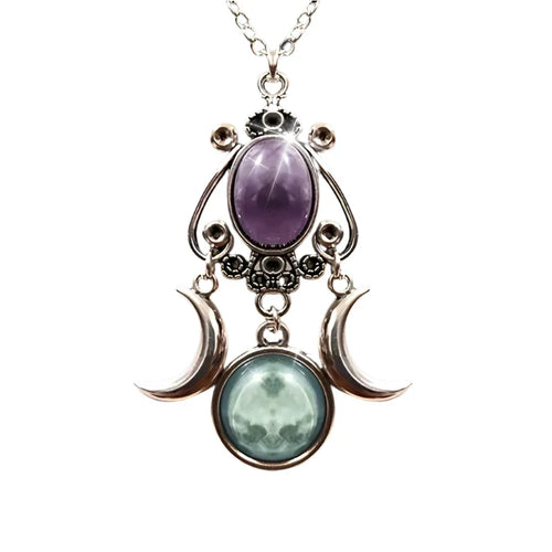 Charming Triple Moon Goddess Pendant Necklace (Purple)
