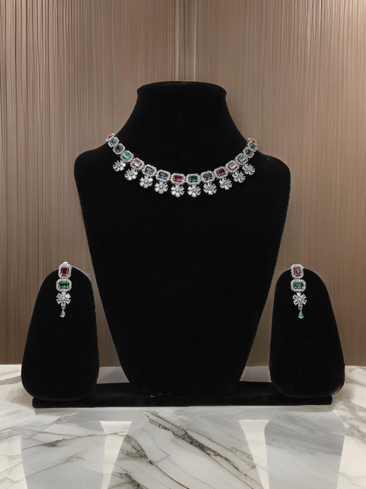 Silver Plated Multi Color AD Necklace Set