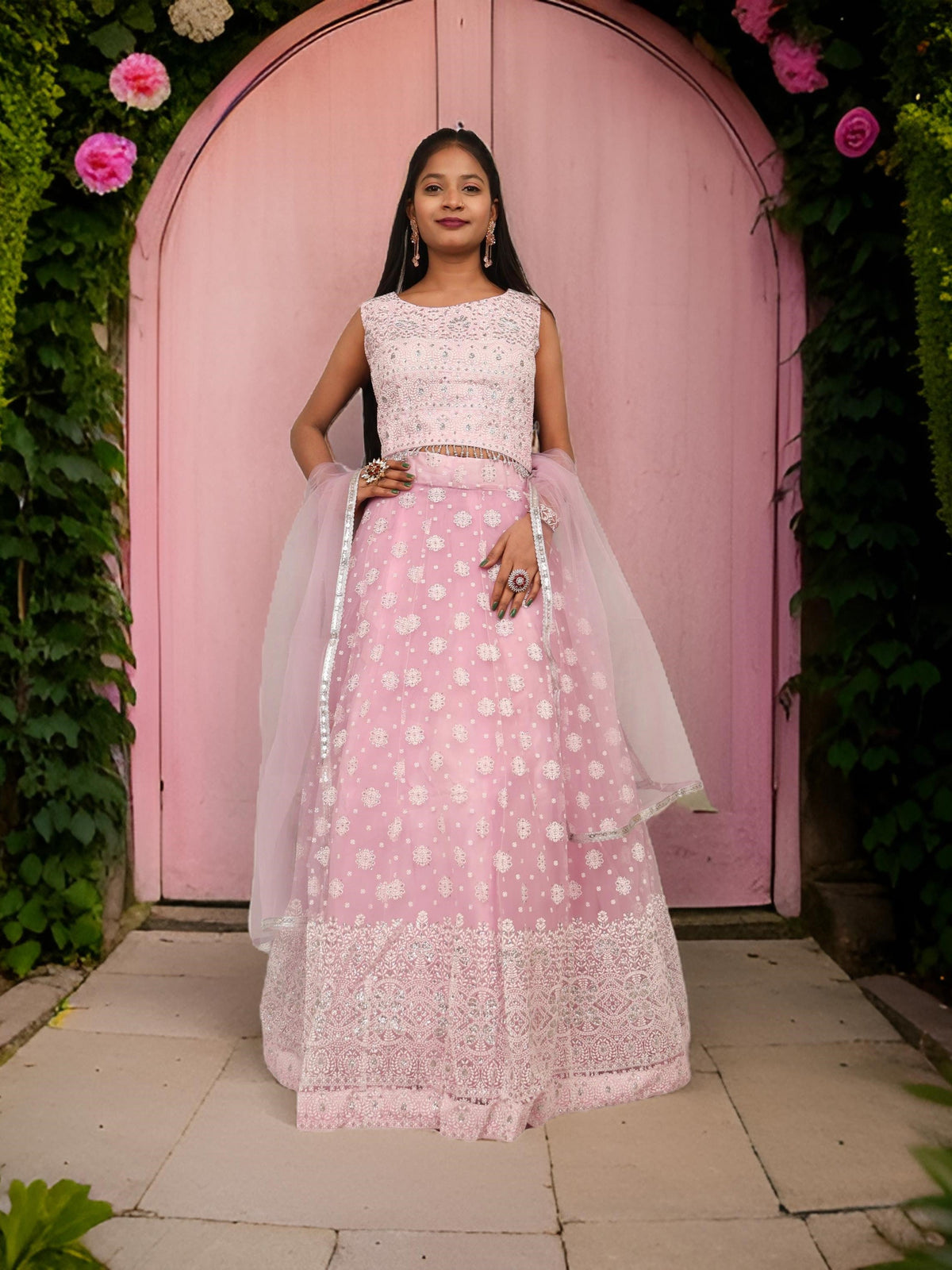 Embellished Flared Lehenga Choli Set with Dupatta  by Shreekama