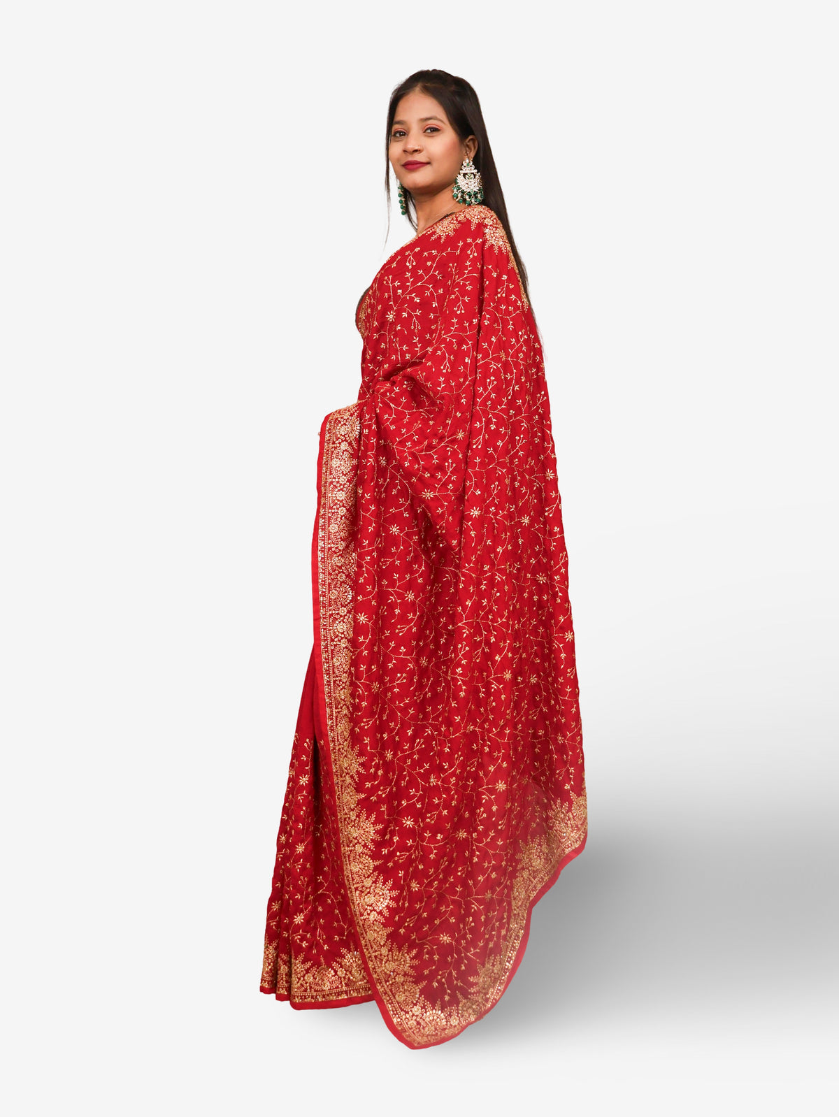 Designer Saree with Kundan & Embroidery Work by Shreekama