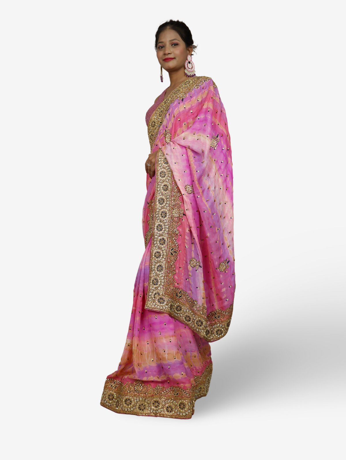 Designer Saree with Kundan & Cut Dana Work by Shreekama