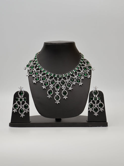 Green Stones Reverse AD Necklace Set with Earings