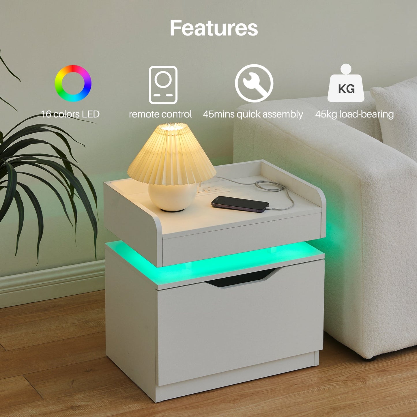 Kist LED Light Bedside Table [Charging Station][Nightstand]