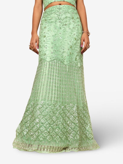Semi-Stitched Lehenga with Soft Net Fabric & Zari Thread Work by Shreekama