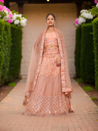 Semi-Stitched Lehenga with Soft Net Fabric & Zari Thread Work by Shreekama
