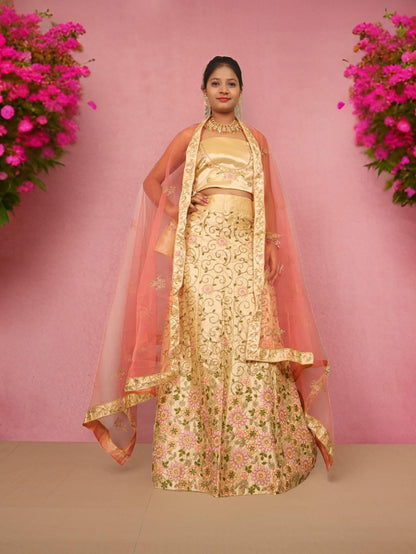 Semi-Stitched Lehenga with Soft Net Fabric & Zari Thread Work by Shreekama