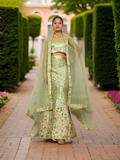 Semi-Stitched Lehenga with Soft Net Fabric & Zari Thread Work by Shreekama