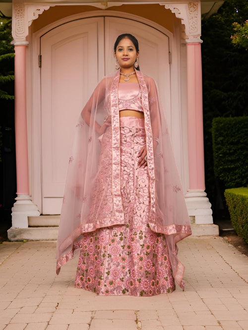Semi-Stitched Lehenga with Soft Net Fabric & Zari Thread Work by Shreekama