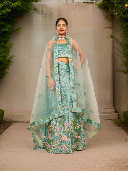 Semi-Stitched Lehenga with Soft Net Fabric & Zari Thread Work by Shreekama