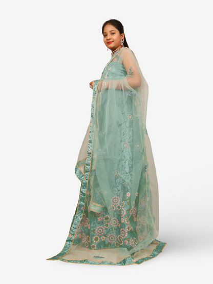 Semi-Stitched Lehenga with Soft Net Fabric & Zari Thread Work by Shreekama