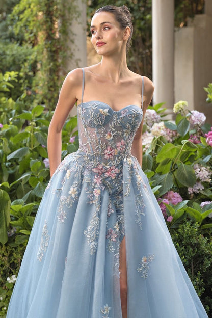 Enchanted Floral Butterfly Ball Gown with Glitter Tulle Skirt