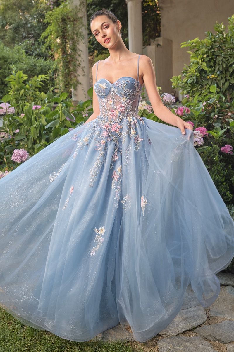 Enchanted Floral Butterfly Ball Gown with Glitter Tulle Skirt