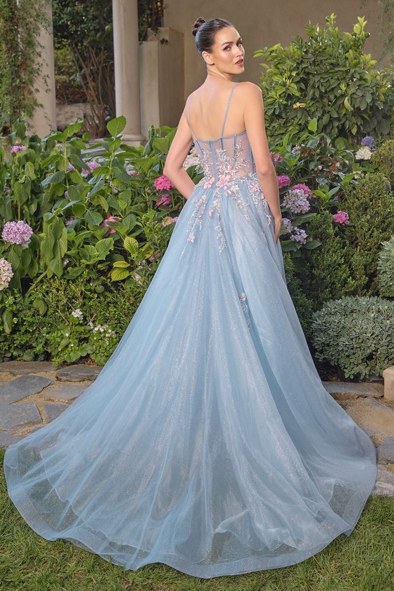 Enchanted Floral Butterfly Ball Gown with Glitter Tulle Skirt