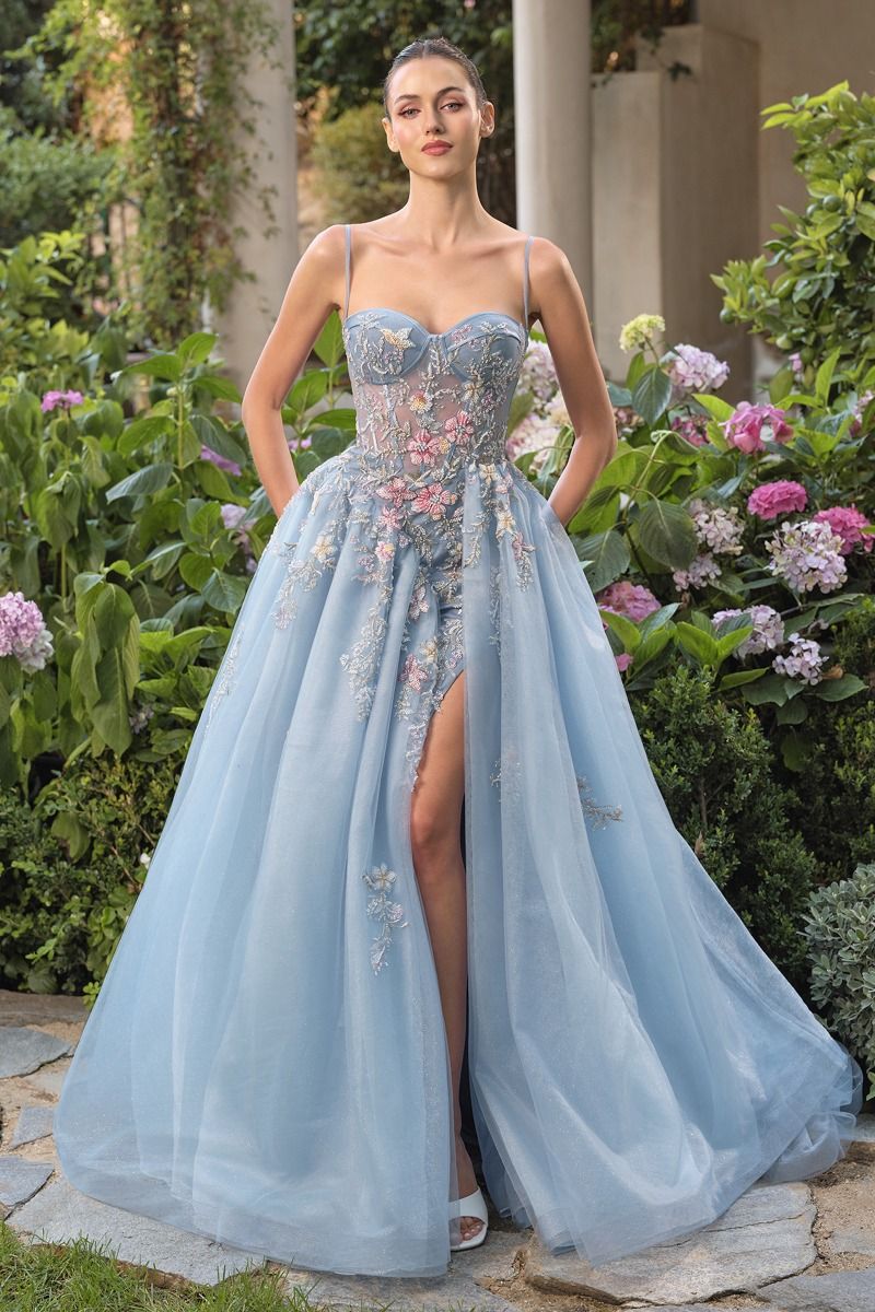 Enchanted Floral Butterfly Ball Gown with Glitter Tulle Skirt