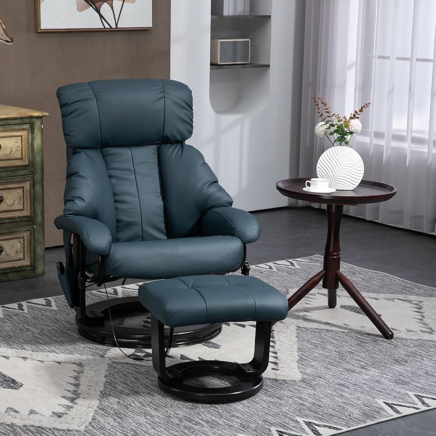 Blue Massage Recliner Chair With 360 Swivel Ottoman