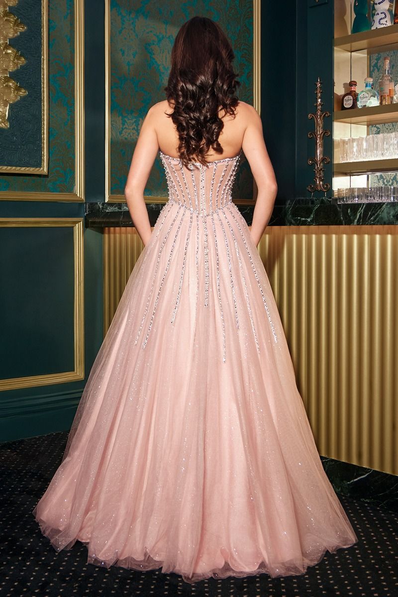 Strapless Ball Gown Beaded Bustline Linear Crystal Glitter Tulle Skirt