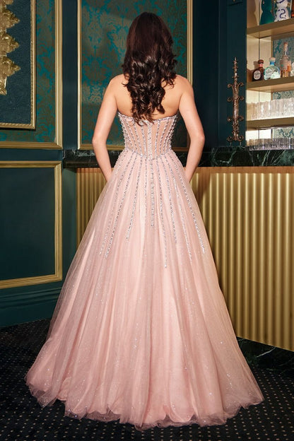 Strapless Ball Gown Beaded Bustline Linear Crystal Glitter Tulle Skirt