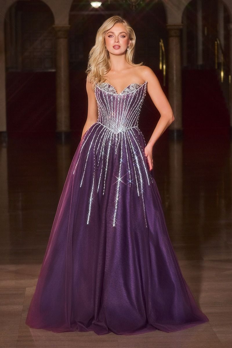 Strapless Ball Gown Beaded Bustline Linear Crystal Glitter Tulle Skirt