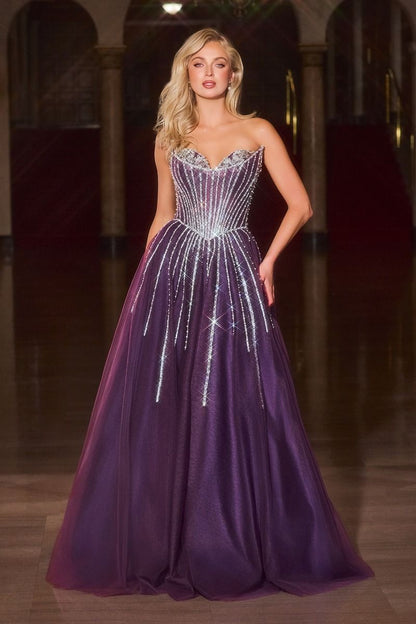 Strapless Ball Gown Beaded Bustline Linear Crystal Glitter Tulle Skirt