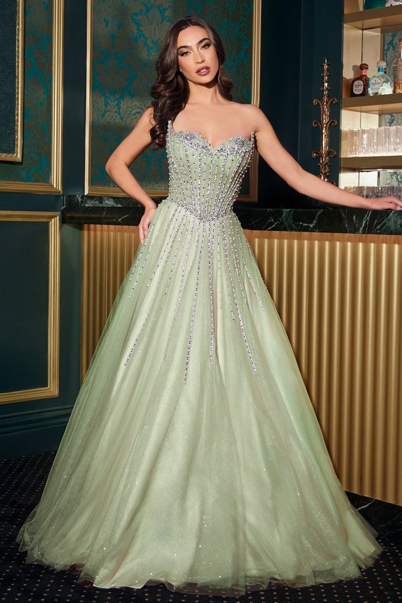 Strapless Ball Gown Beaded Bustline Linear Crystal Glitter Tulle Skirt
