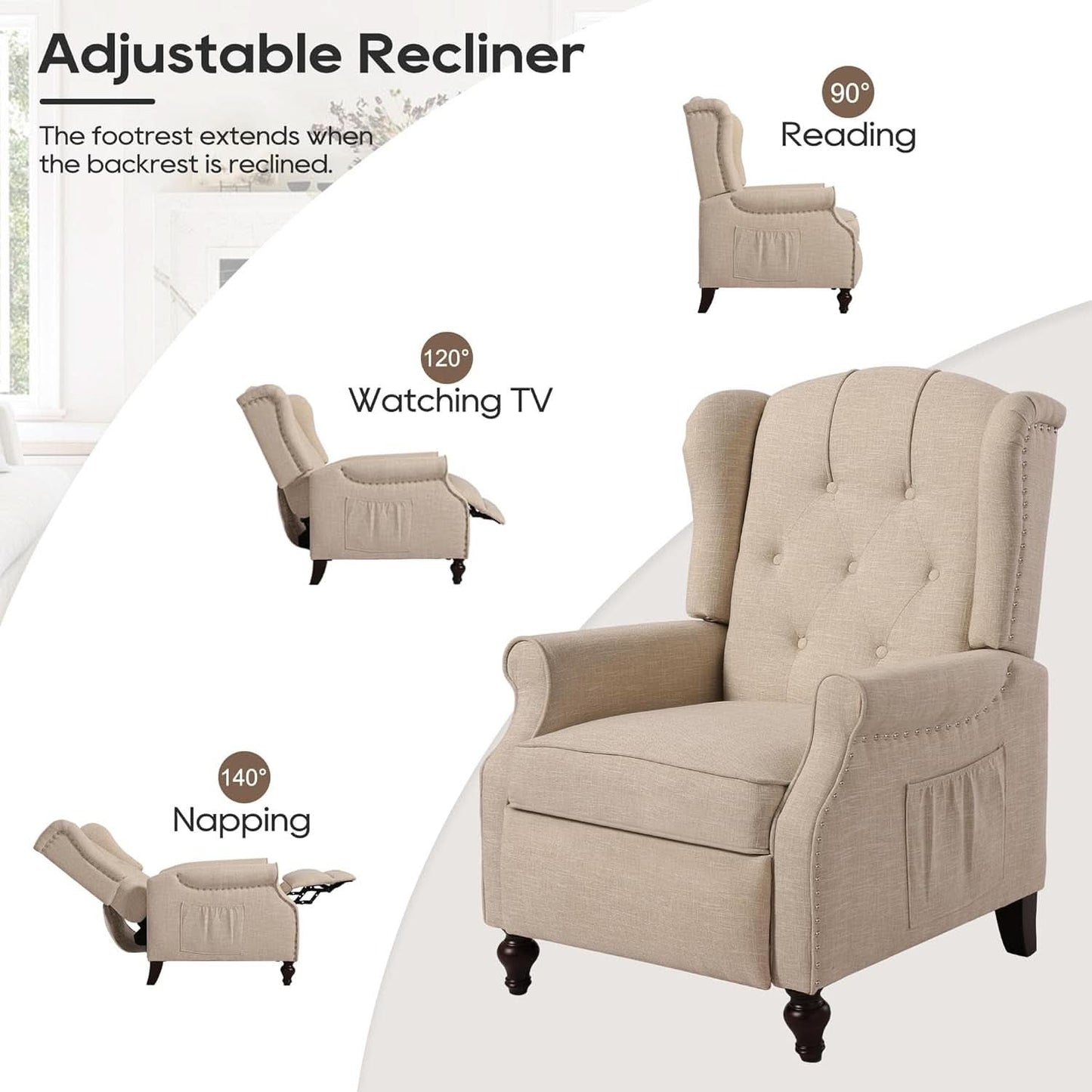 Vintage Wingback Recliner Chair With Massage And Heat